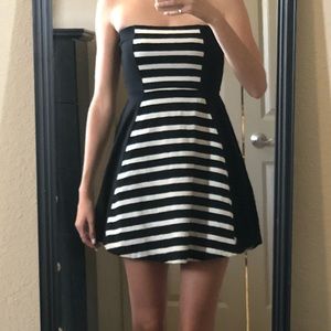 Black and white striped strapless dress